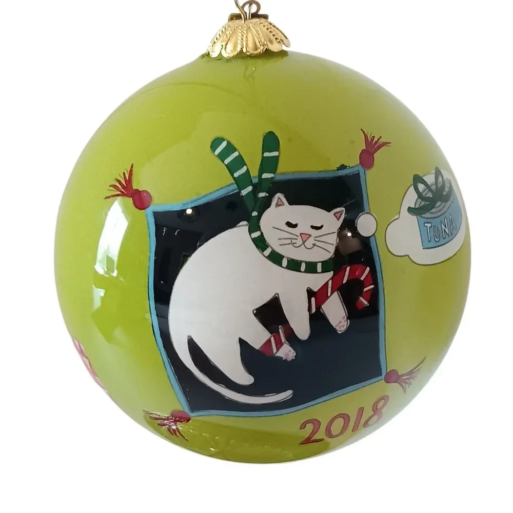 Cat Christmas Ornament Pier 1 Li Bien Hand Painted Glass 2018 Green & White